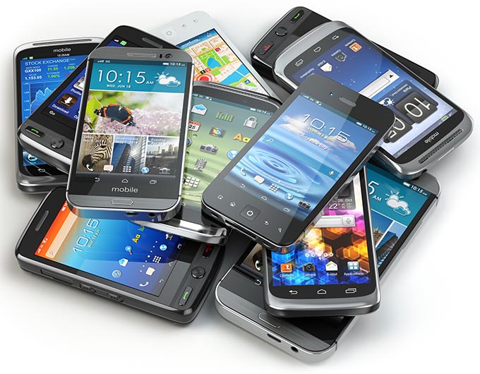 Choose mobile phone. Heap of the different smartphones. 3d