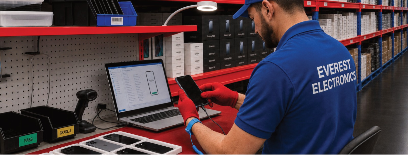 Everest Electronics technician inspecting and testing a smartphone