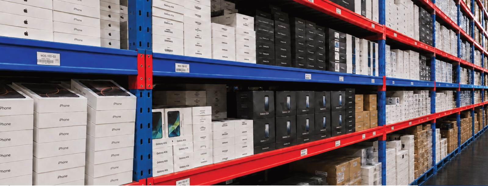 Everest Electronics warehouse shelves stocked with smartphone inventory